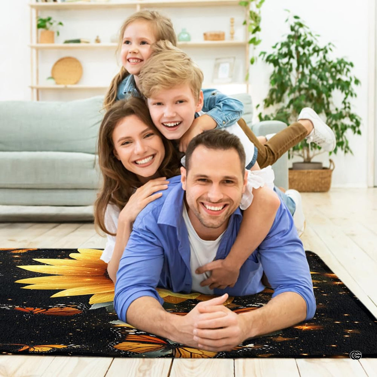 Lifestyle living room scene featuring family lounging on sunflower butterfly area rug. - image 5 of 7