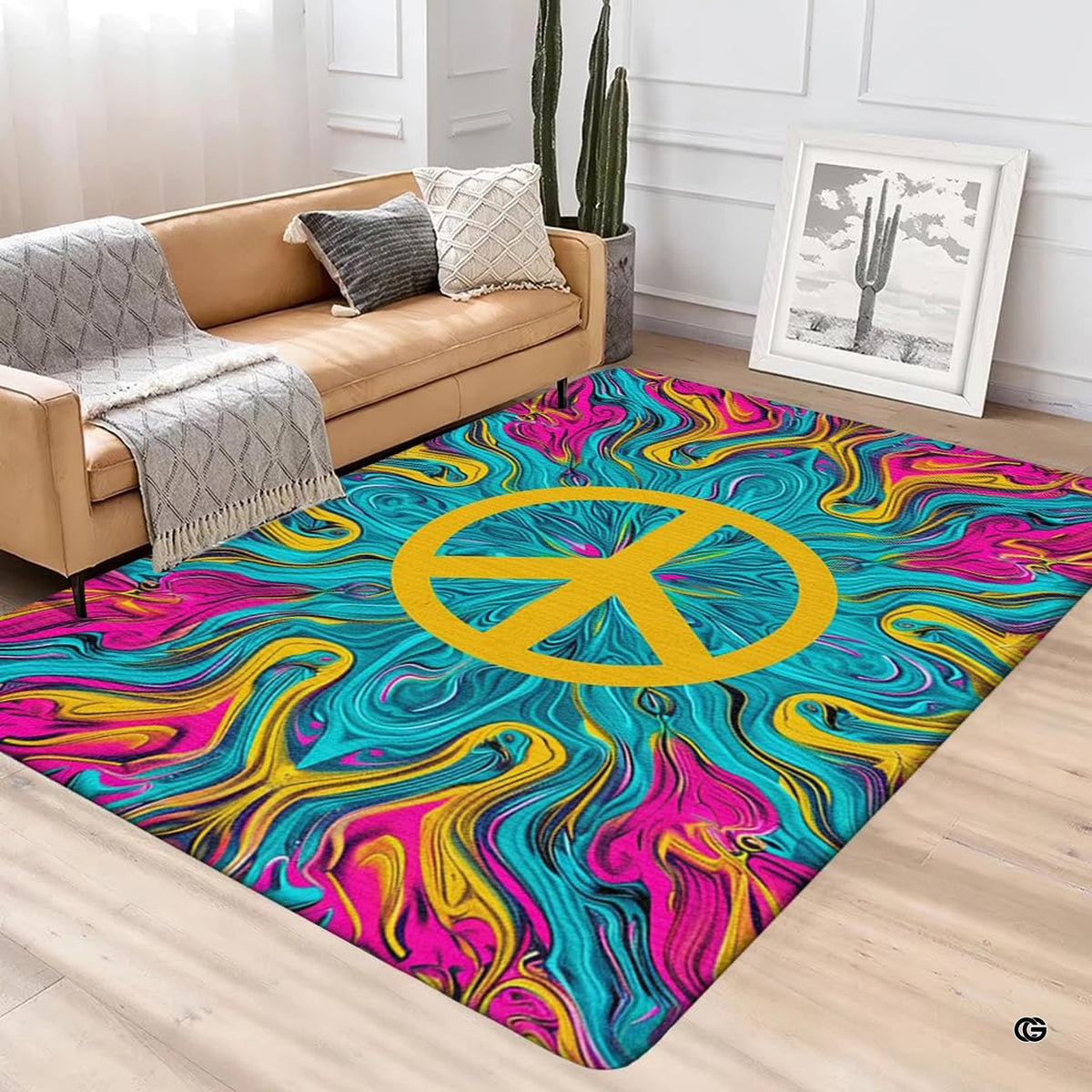 Peace sign doormat styled near entryway credenza showing vivid magenta and turquoise fluid artwork.