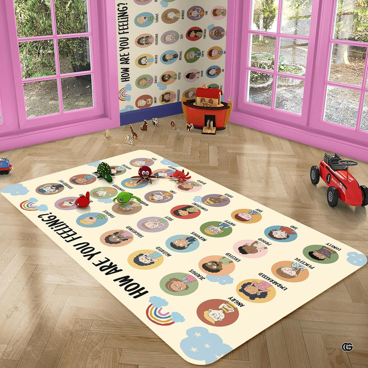 Decor styling of feelings and emotions classroom display area rug positioned beside a reading bench. - image 4 of 7
