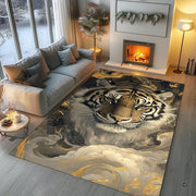 Overhead display of tiger area rug accentuating fluid marble waves and commanding wildlife composition. - thumbnail image 5 of 8
