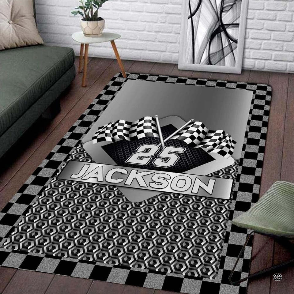 Personalized Racing Area Rug with Name – Custom Checkered Flag Sport Rug for Game Room, Garage, Living Room, Patio – Non-Slip Race Car Track Mat (Racing Rug 03)