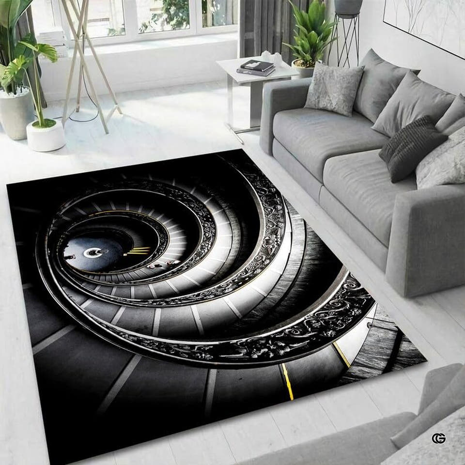 Overhead architectural view of spiral staircase area rug runner with black white lines and yellow accents