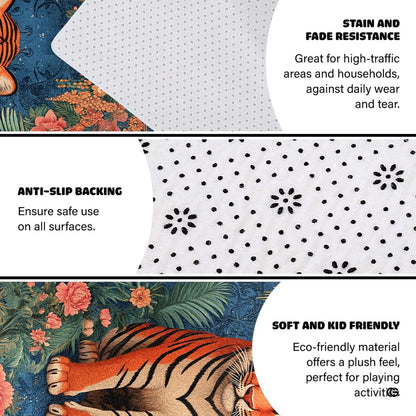 Non-slip grip backing and bound edge stitching on blue floral tiger area rug - thumbnail image 4 of 8
