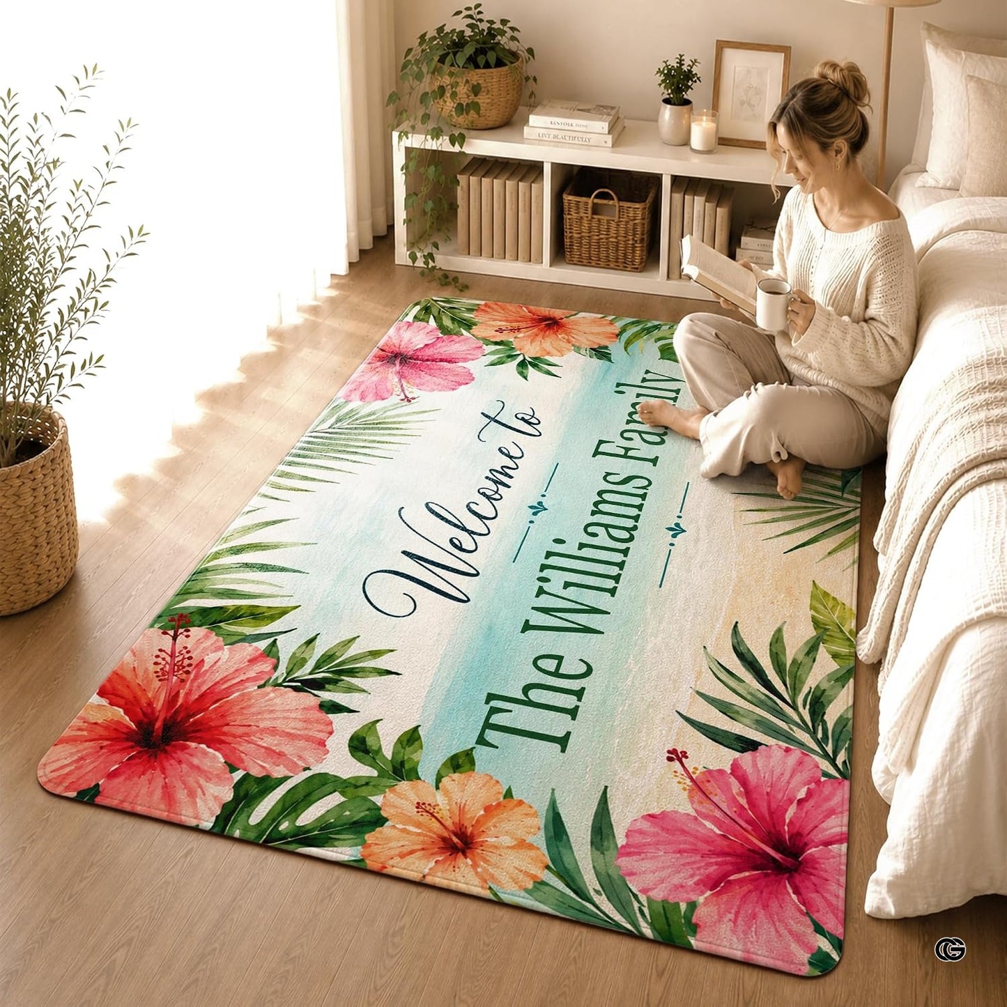 Personalized Tropical Beach Rug, Custom Family Name Tropical Outdoor Rug, Flamingo Surfboard Ocean Area Rug for Living Room, Patio, Beach House Decor, Design 07
