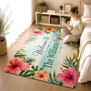 Personalized Tropical Beach Rug, Custom Family Name Tropical Outdoor Rug, Flamingo Surfboard Ocean Area Rug for Living Room, Patio, Beach House Decor, Design 07