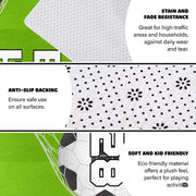 Infographic showing the non-skid dot backing and edge stitching of the athletic rug - thumbnail image 4 of 7