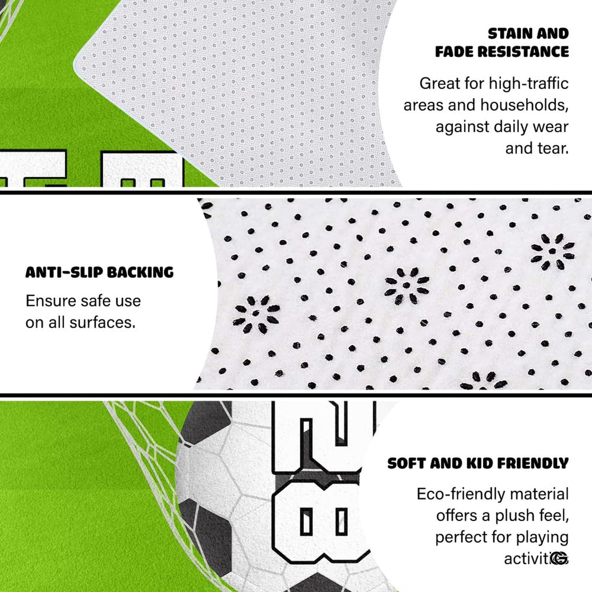 Infographic showing the non-skid dot backing and edge stitching of the athletic rug - image 4 of 7