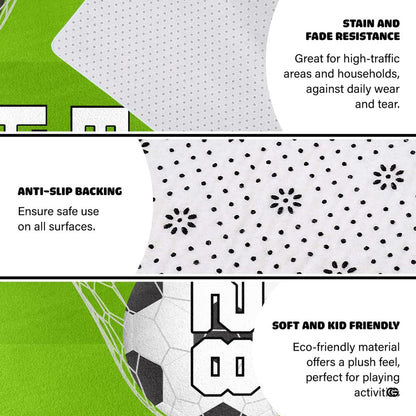 Infographic showing the non-skid dot backing and edge stitching of the athletic rug - thumbnail image 4 of 7