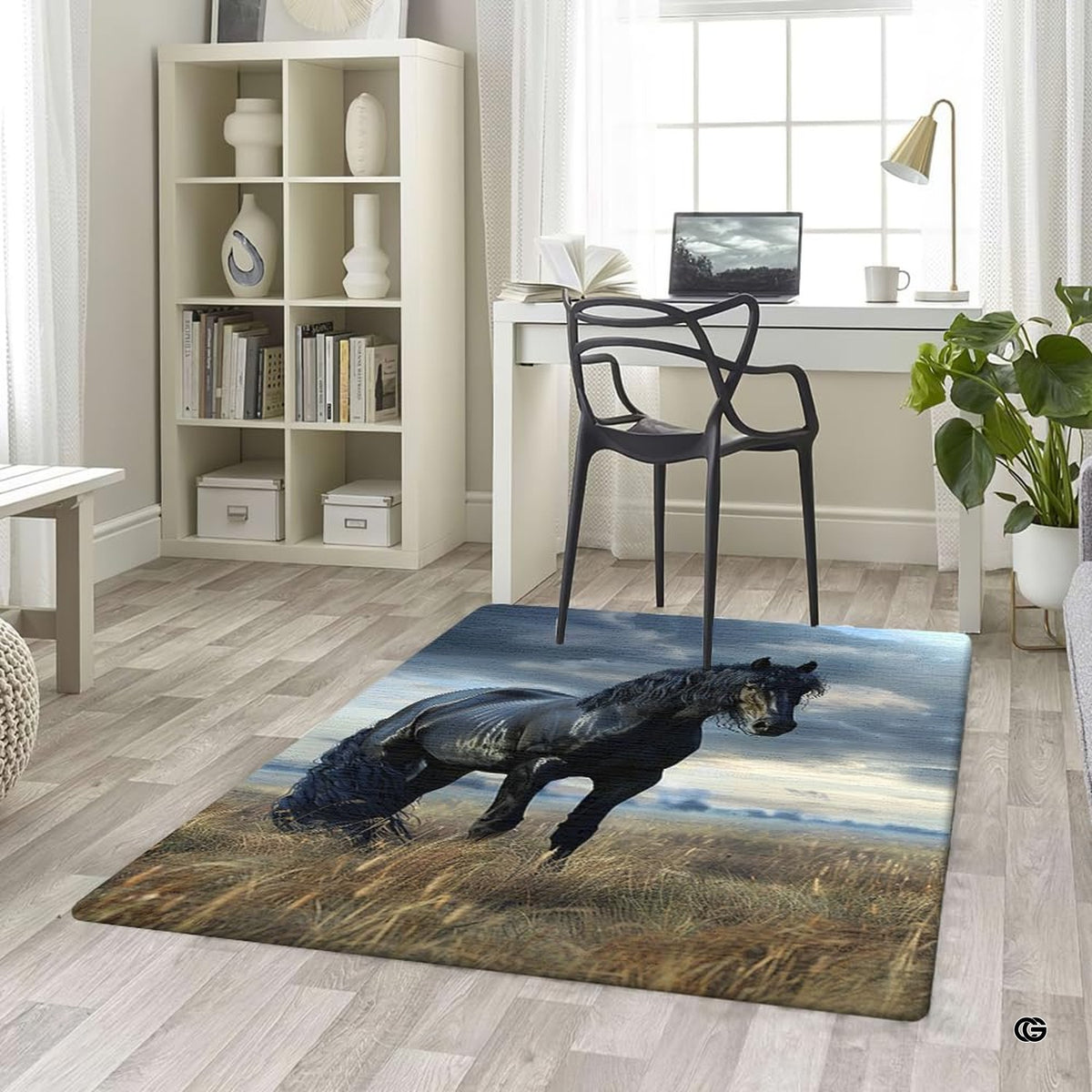 Overhead view showing full galloping black stallion landscape artwork rug design.