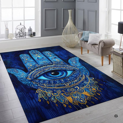 Bohemian living room arrangement featuring the cobalt blue Hamsa Evil Eye area rug. - thumbnail image 6 of 8