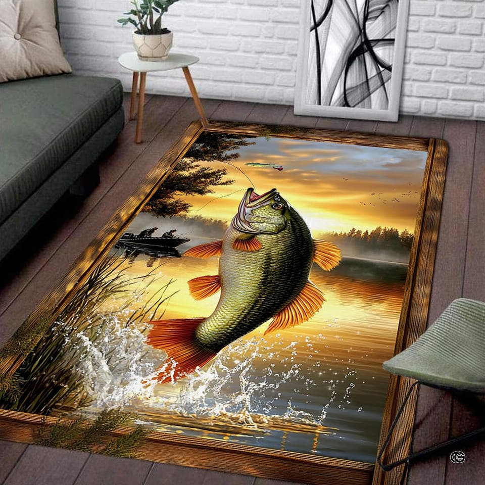 Leaping bass fishing sunset lake cabin area rug - view 1
