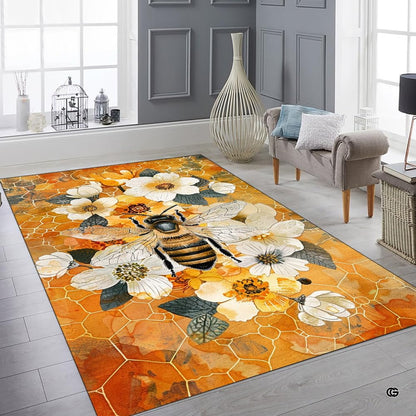 Cottagecore bedroom layout showing the golden bee floral rug near wooden furnishings - thumbnail image 6 of 8