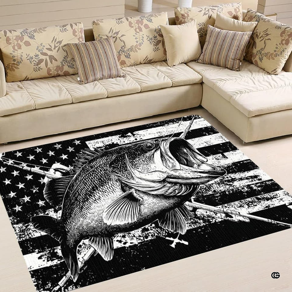 Monochrome bass fishing rods American flag area rug in living room setting with sectional couch