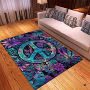 Close up of psychedelic monstera leaves, succulents, and florals on boho peace sign area rug. - thumbnail image 3 of 5
