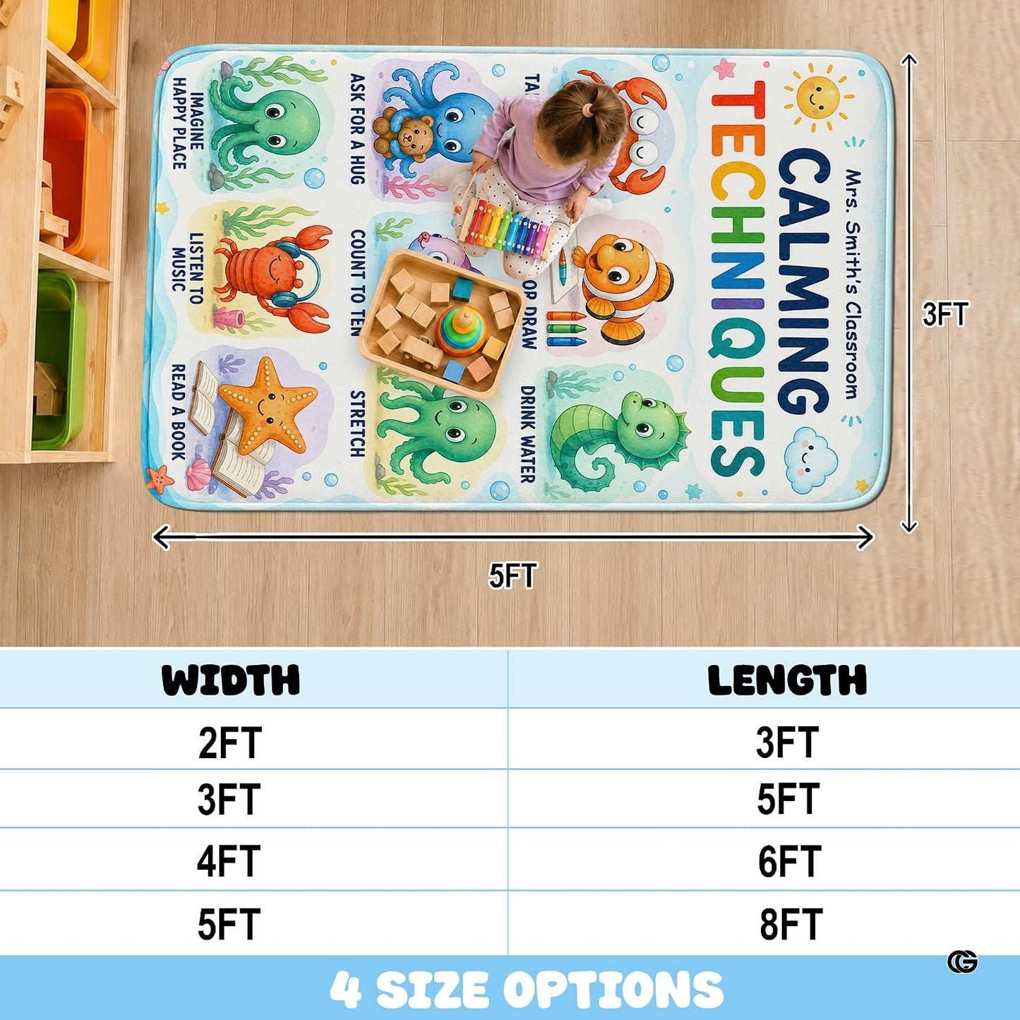 Personalized Teachers Classroom Rug, Custom Teacher Name Classroom Rules Area Rug, Feeling Chart Calming Corner Mat, Kindergarten Educational Back to School Class Decor (D8)