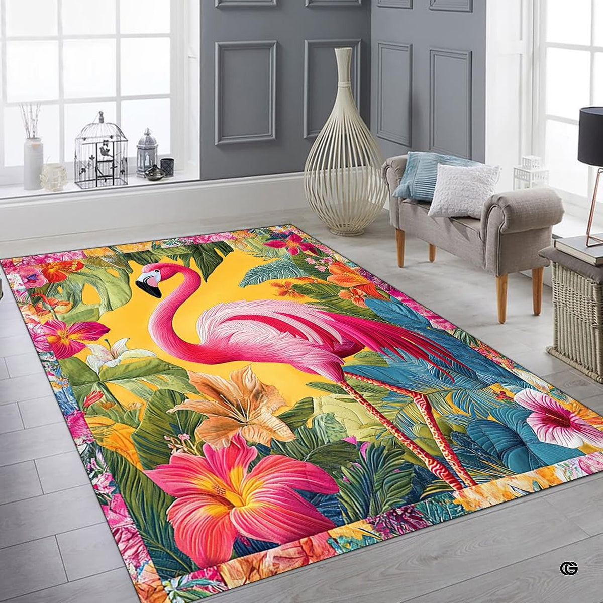 Tropical area rug styled in an airy modern living room beside indoor greenery. - image 6 of 8