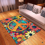 Close-up floral artwork on an area rug showcasing detailed hippie peace sign hand styling and vintage botanicals. - thumbnail image 3 of 5