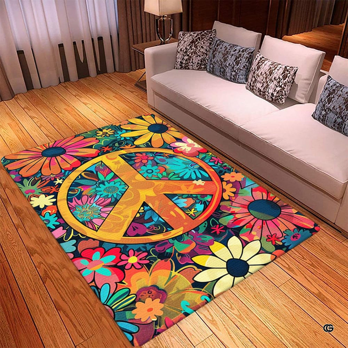 Close-up floral artwork on an area rug showcasing detailed hippie peace sign hand styling and vintage botanicals. - image 3 of 5