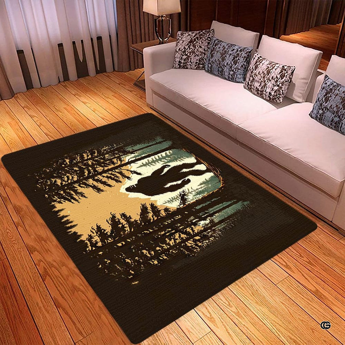 Spacious living room sectional couch setup displaying bigfoot woodland sunset rustic area rug