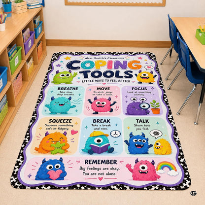 Personalized Teachers Classroom Rug, Custom Teacher Name Classroom Rules Area Rug, Feeling Chart Calming Corner Mat, Kindergarten Educational Back to School Class Decor (D3)