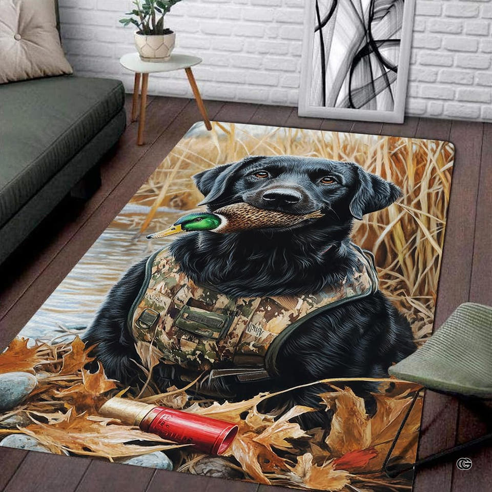 Black lab duck hunting rectangular area rug with mallard and reeds displayed on dark wood living room flooring.