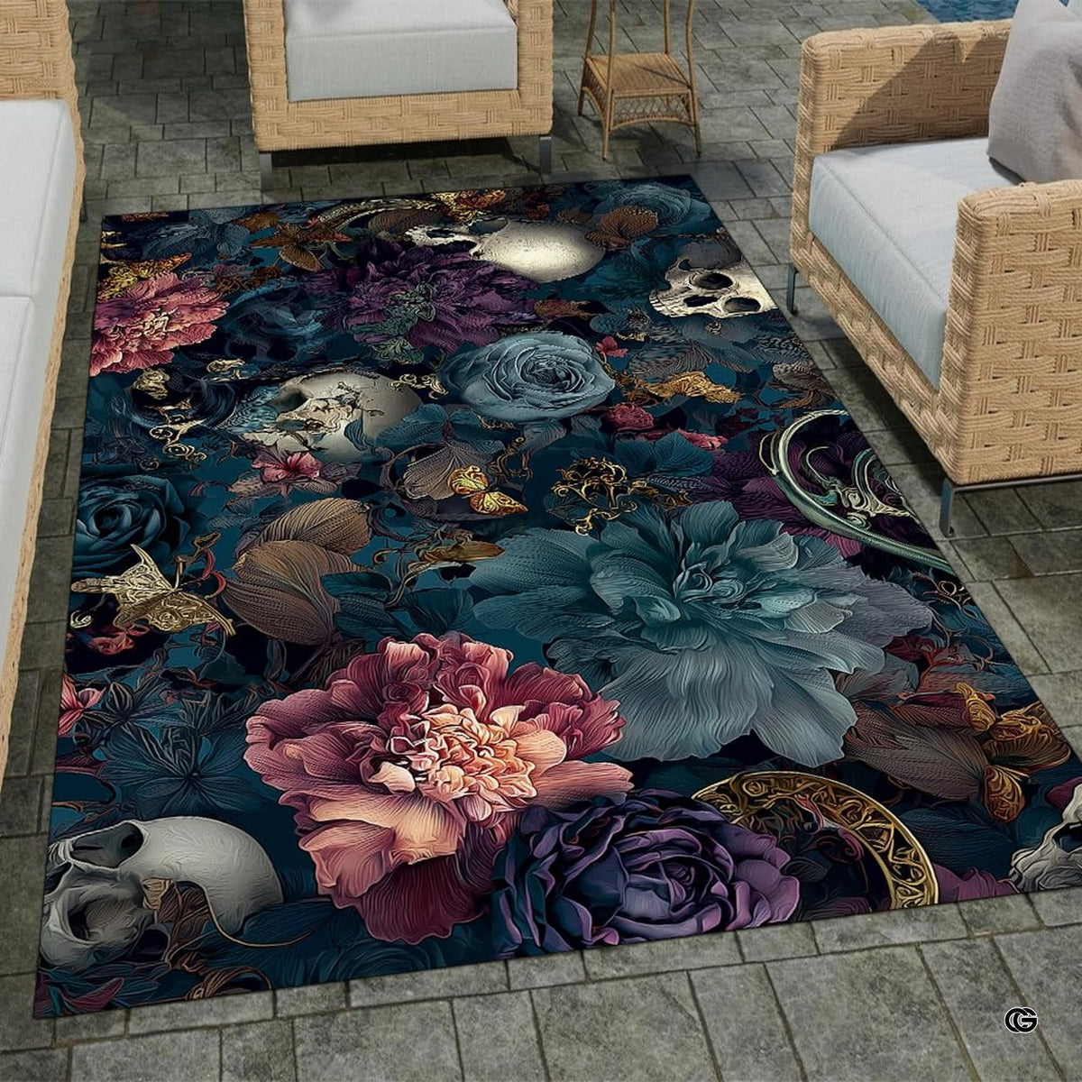 Floor layout view showing the complete rich botanical floral composition with skulls and golden filigree - image 2 of 8