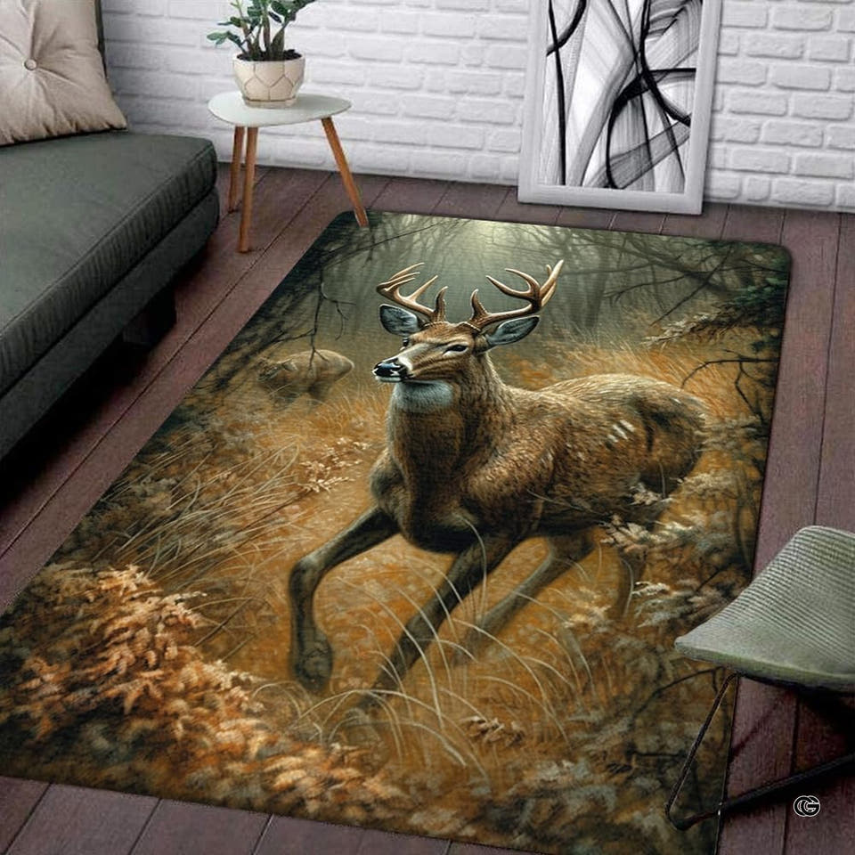 Deer print area rug showing a running buck with antlers amid autumn trees and foliage