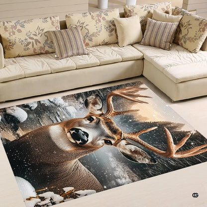 Top-down view of deer wildlife area rug showing earthy brown and amber tones for cottage styling. - thumbnail image 4 of 5