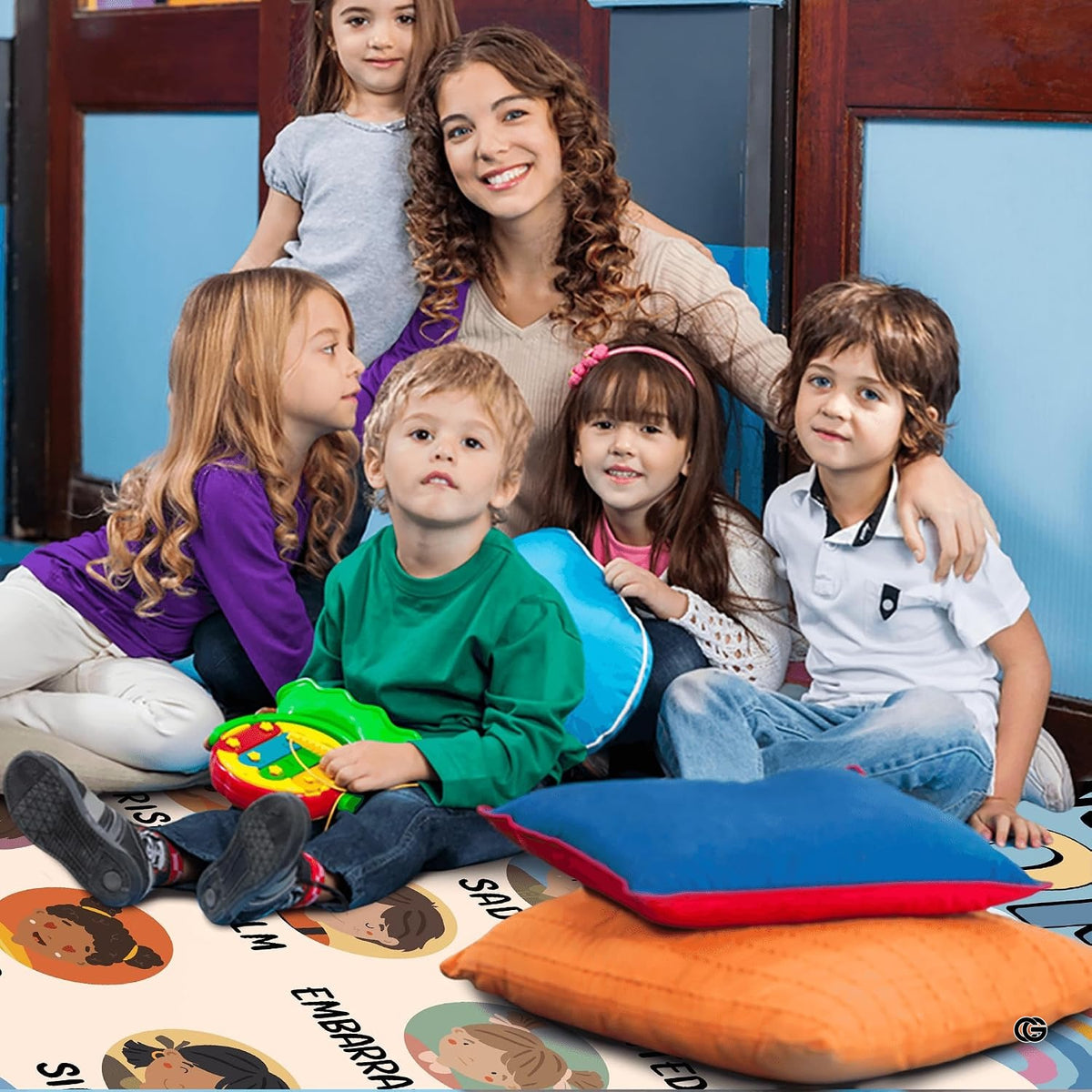 Full perspective of children decorative accent chart rug placed across an open learning and reading area.