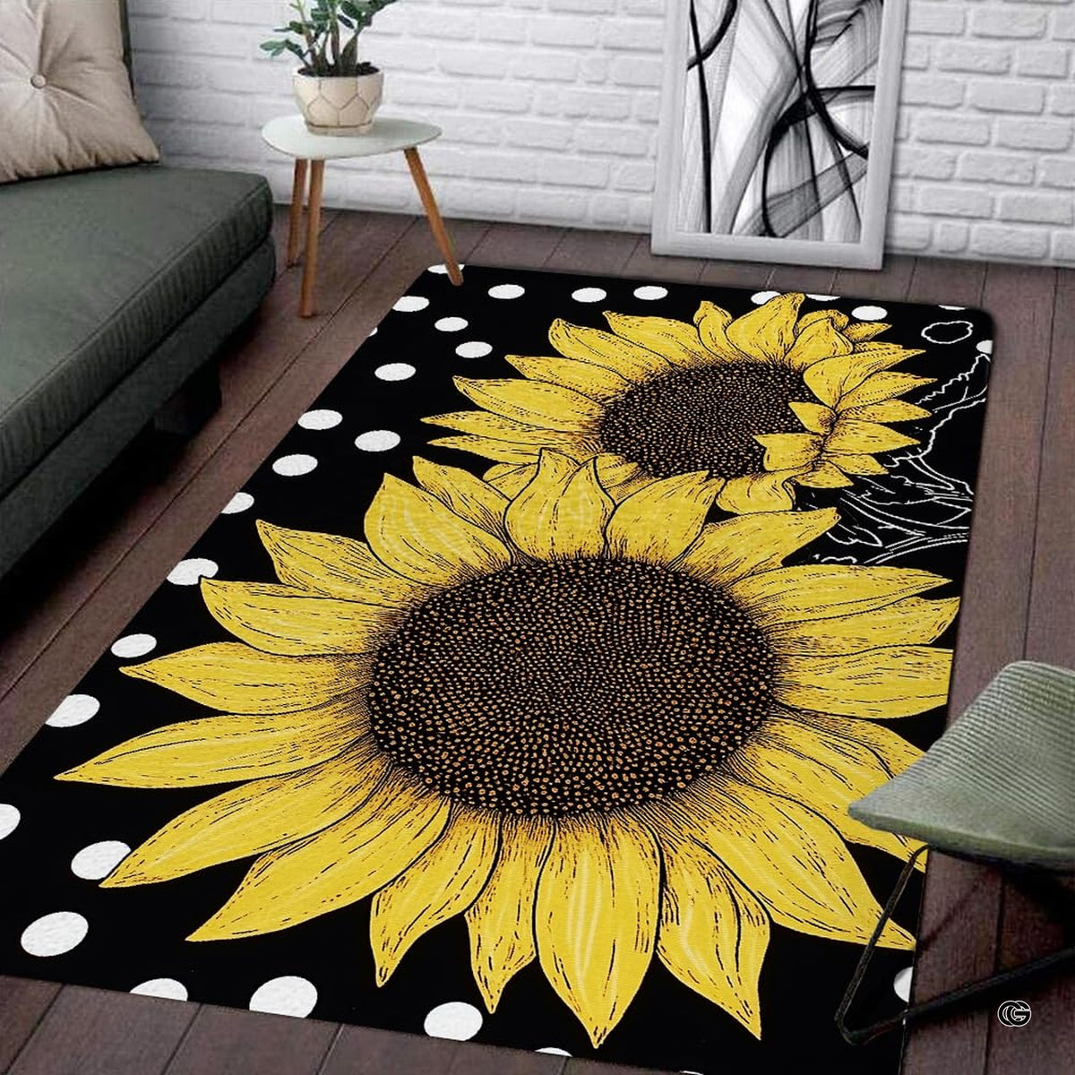 Illustrated flower floor carpet showing detailed yellow sunflowers with dark centers and white floral line art. - image 2 of 7