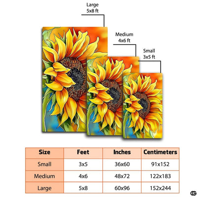 Dimensions and sizing chart for watercolor botanical sunflower area rug - thumbnail image 2 of 7