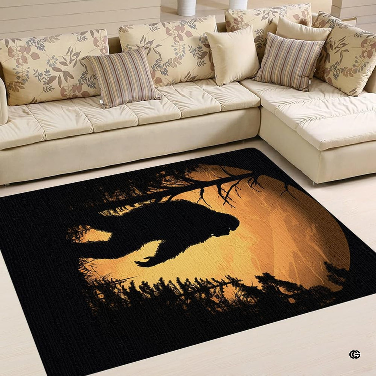Dimensions and sizing chart for Bigfoot Sasquatch forest sunset living room area rug - image 2 of 5