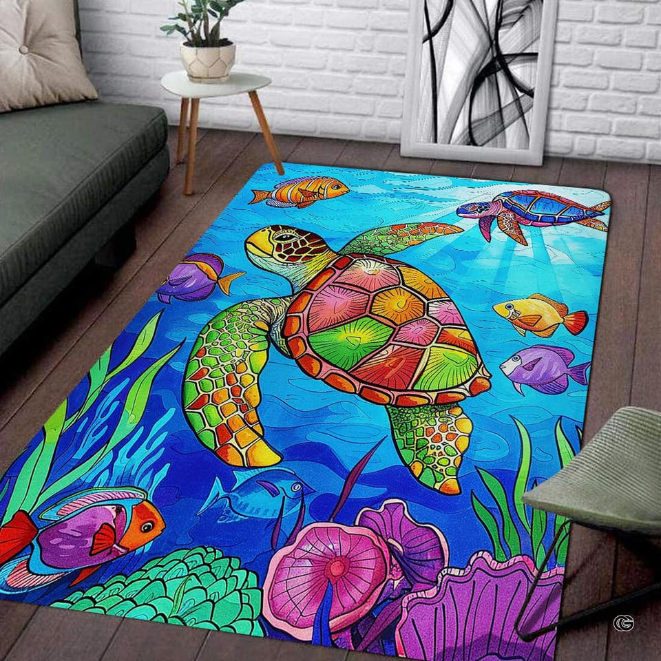 Colorful mosaic sea turtle swimming over coral reef with tropical fish on an ocean area rug