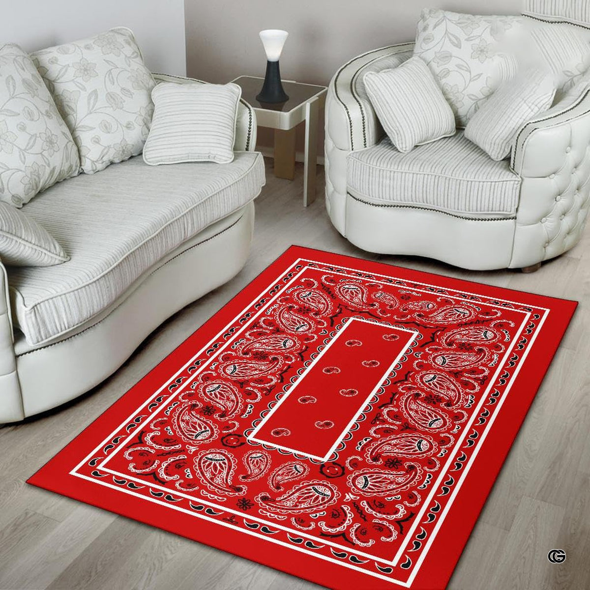 Non-slip rubber backing and bound edge stitching on red bandana floor rug