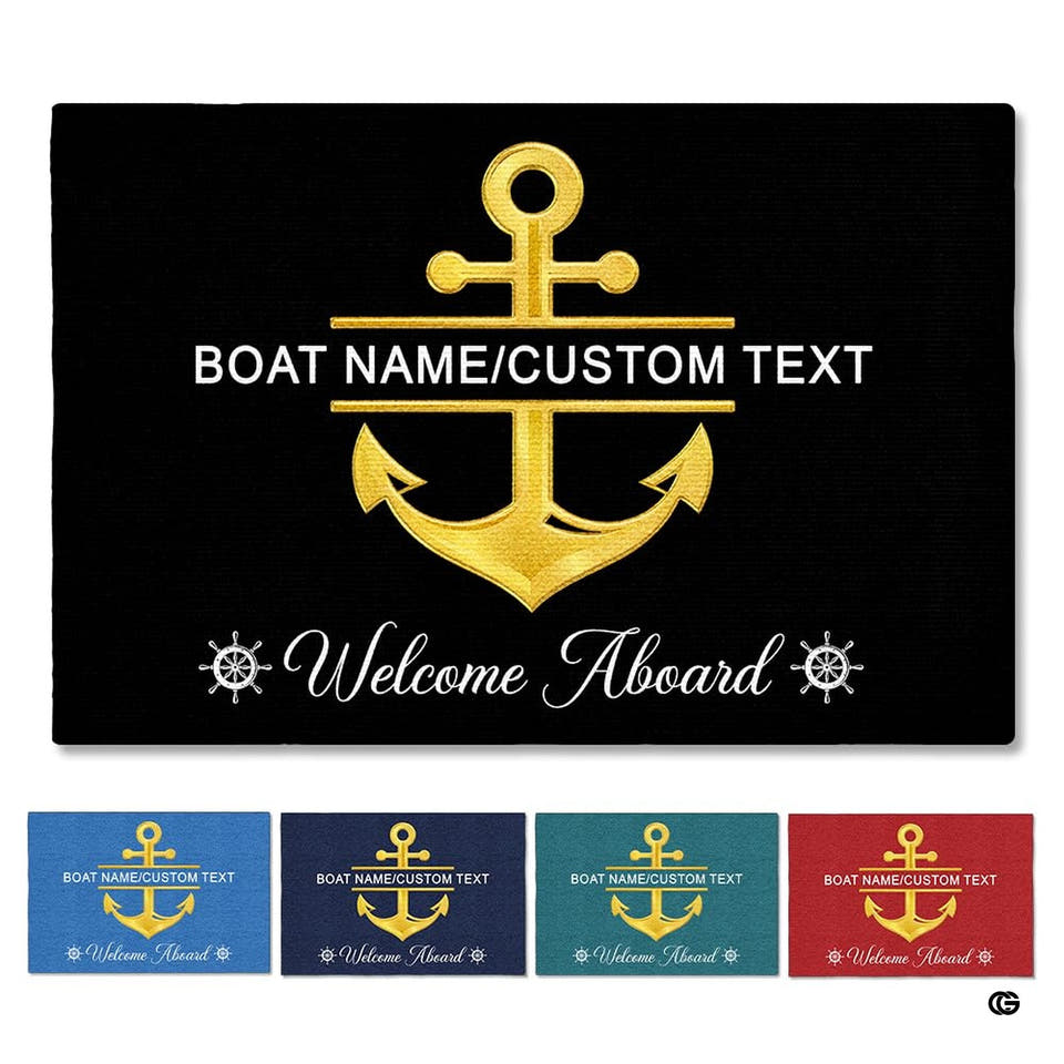 Personalized Nautical Doormat with Boat Name & Location – Custom Anchor Welcome Mat for Fishing Boat, Yacht, or Dock – Outdoor Indoor Floor Rug for Cabin, Ship (Nautical 03)
