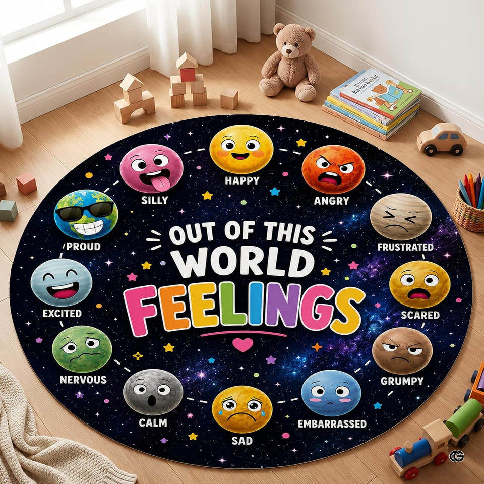 Celestial emotions orbit educational kids circular area rug in primary perspective