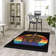 Retro circular sunset and palm tree print area rug celebrating casual tropical beach life in an eclectic lounge. - thumbnail image 5 of 5