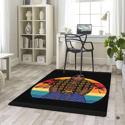 Retro circular sunset and palm tree print area rug celebrating casual tropical beach life in an eclectic lounge. - thumbnail image 5 of 5