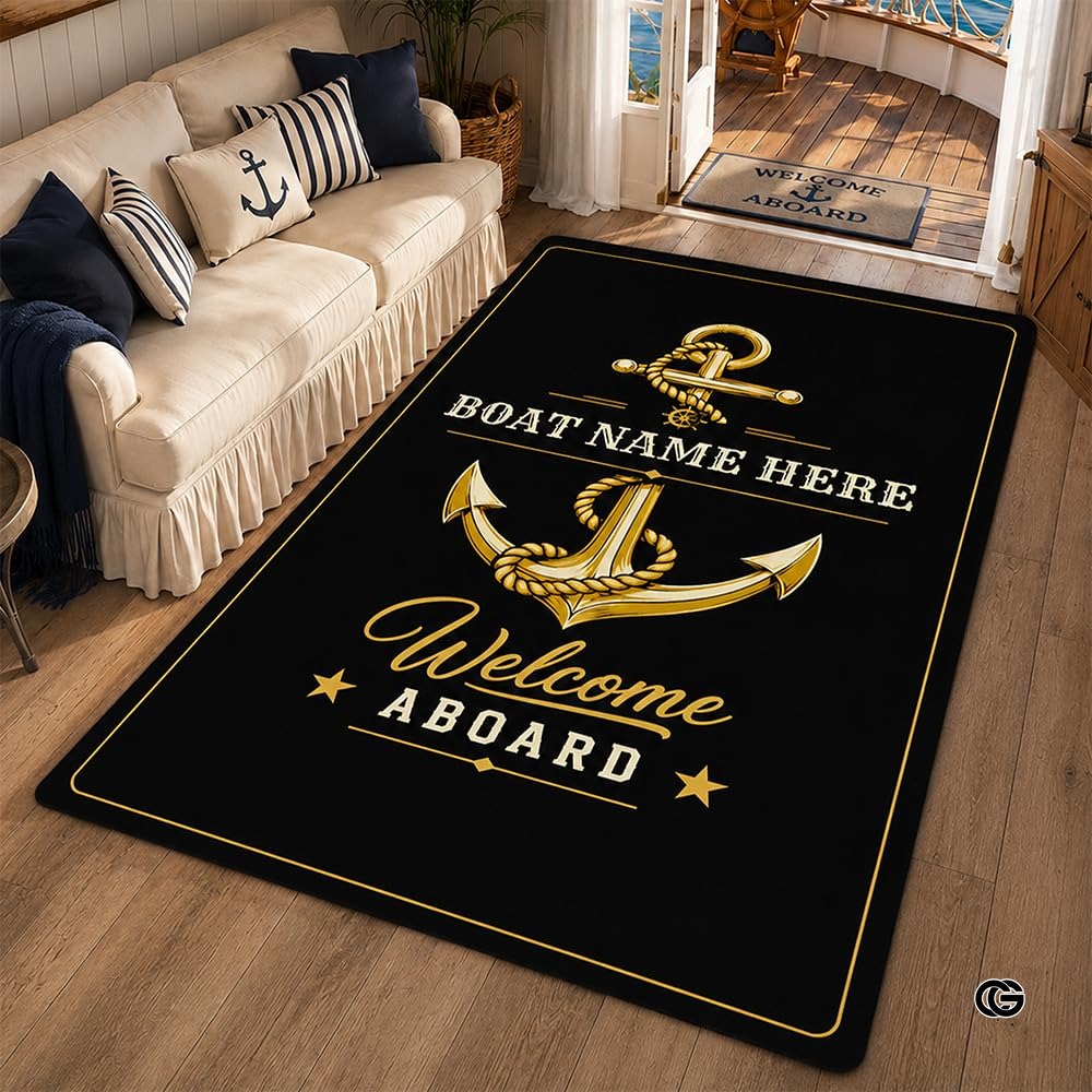 Custom Boat Rug, Personalized Welcome Aboard Mat with Boat Name, Nautical Area Rug for Deck, Entryway or Floor, Anchor Marine Decor, Boating Gift (Boat Rug 01)