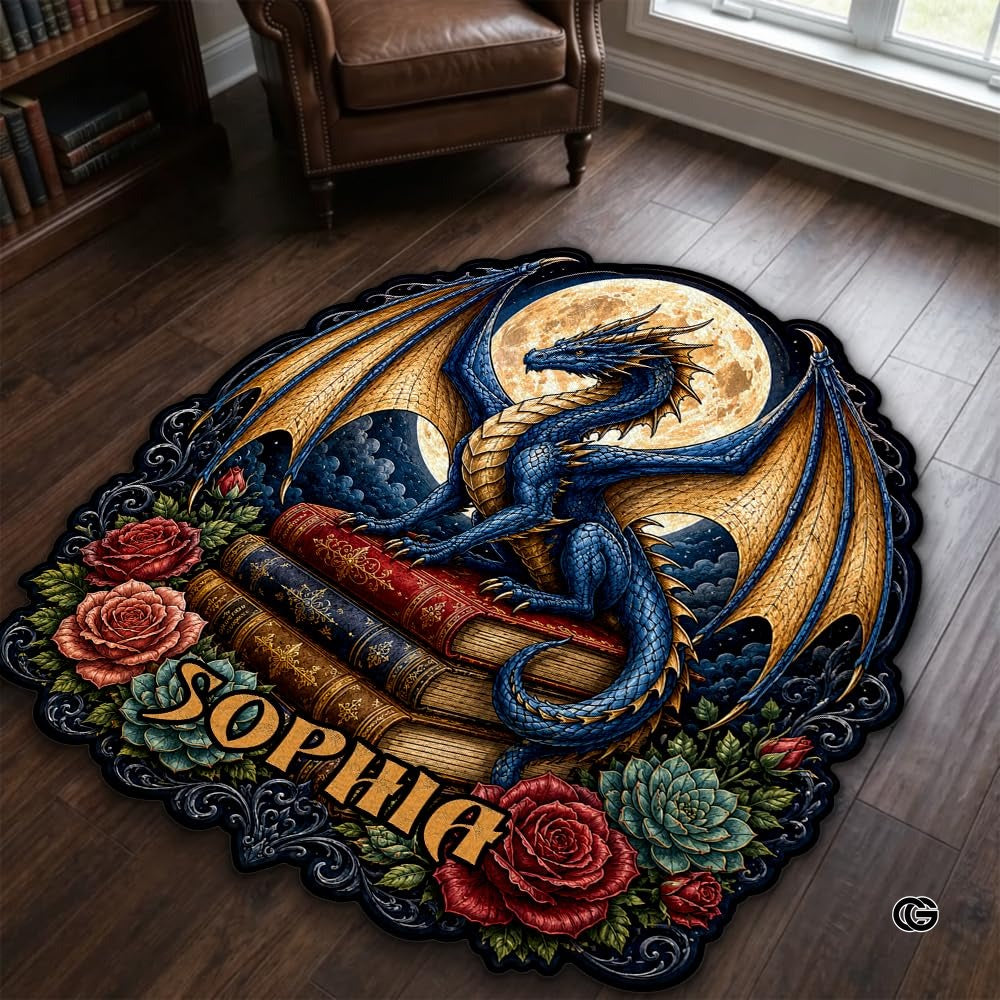 Custom Dragon Shaped Area Rug, Personalized Library Western Dragon Shaped Floor Mat Book Rug, Non-Slip Reading Room Carpet for Living Room, Bedroom, Dorm, Kids Room, Fans Lover (D7)