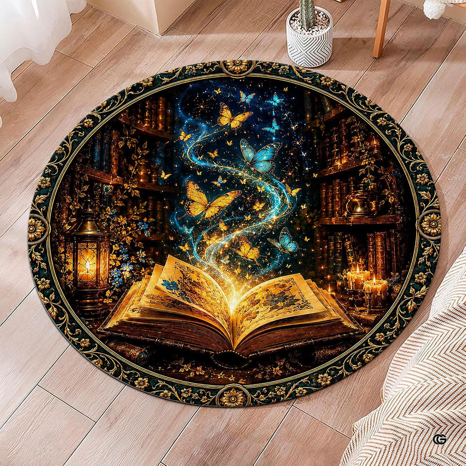 Round fantasy rug displaying an illuminated open book with glowing butterflies and antique bookshelves.