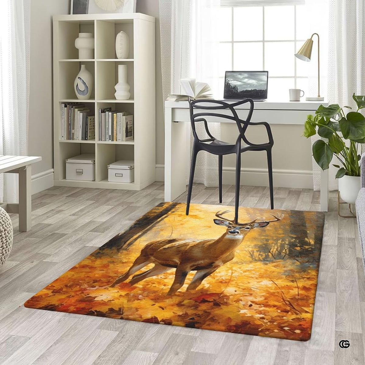 Scenic wildlife buck and amber tree pattern rug placed in a handsome lodge-style living room space.