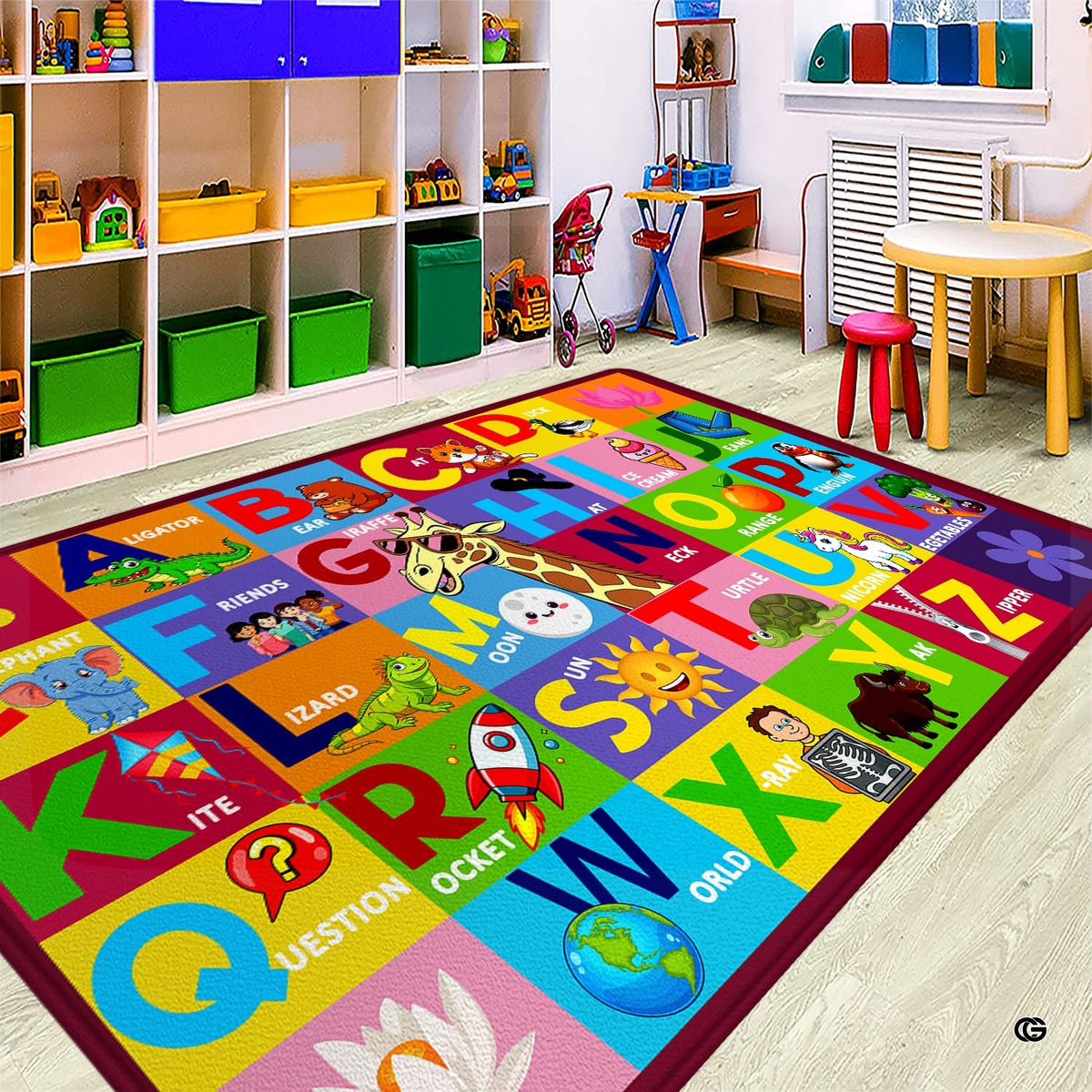 Angled perspective of ABC educational rug presenting vibrant yellow and green illustrated panels. - image 3 of 9