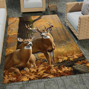 Autumn whitetail buck and doe living room area rug with golden woodland foliage - thumbnail image 1 of 7