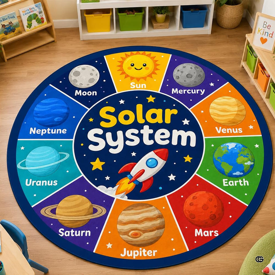 Planetary orbit space rocket wheel kids area rug - view 1