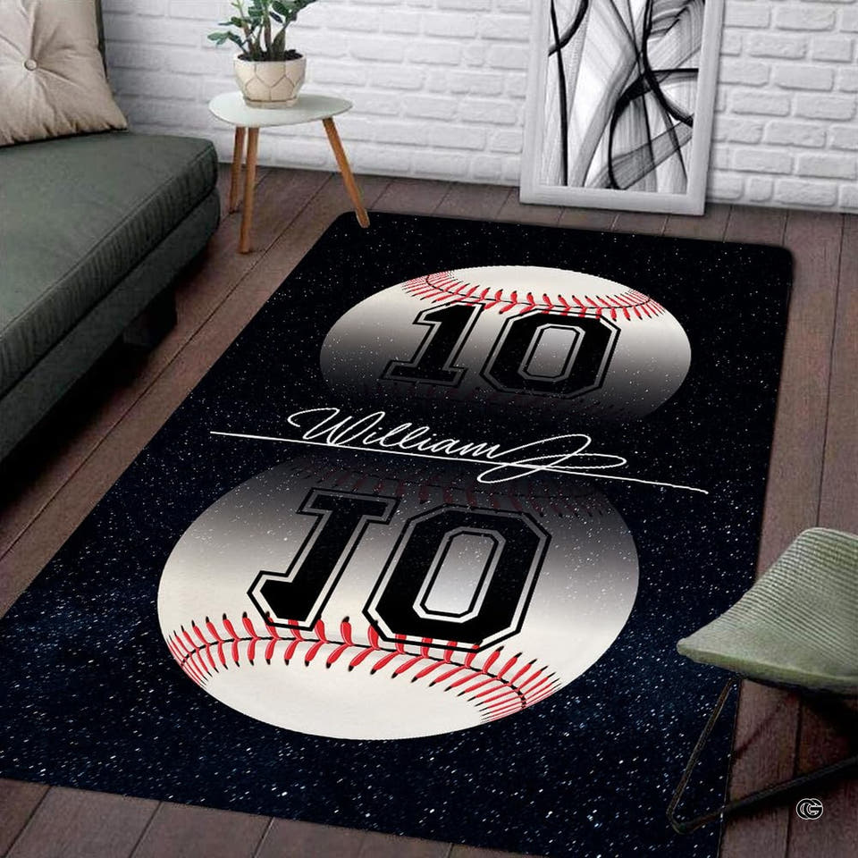 Living room floor setting featuring a mirrored dual baseball reflection athletic sports area rug