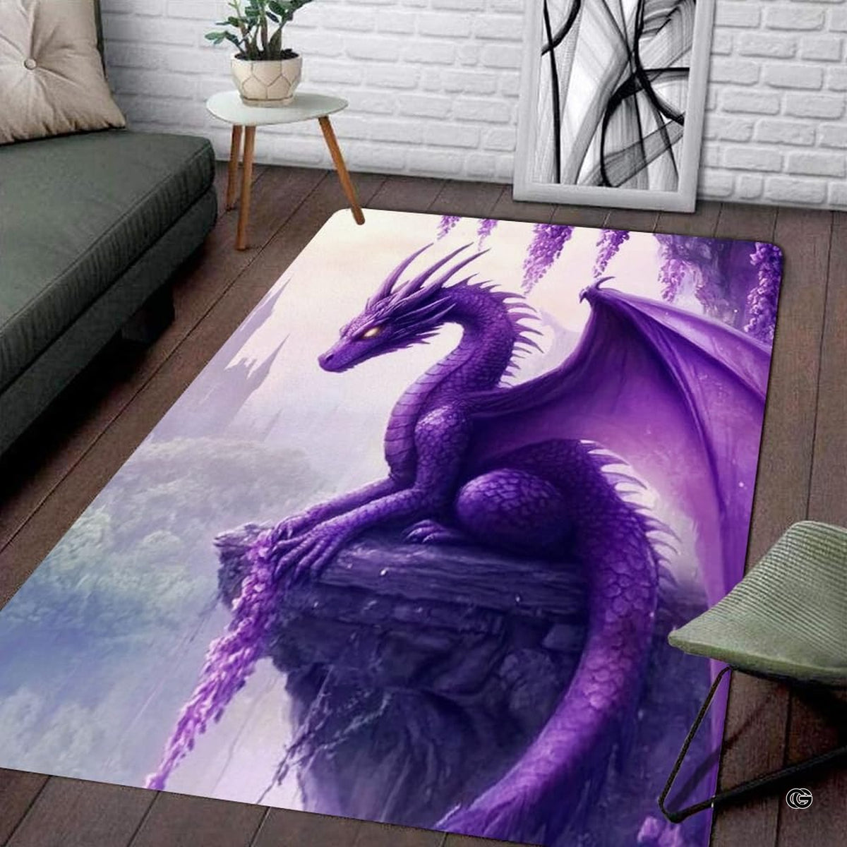Living room floor mockup highlighting the fantasy purple dragon rug beside wicker furniture - image 2 of 8
