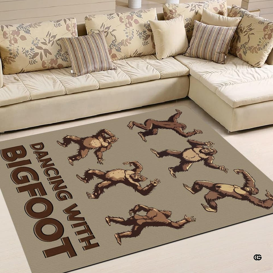 thematic accent Sasquatch novelty area rug displayed across a bright living room floor.