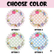 Full layout display of the circular classroom motif rug surrounded by balanced blush checkerboard borders. - thumbnail image 9 of 9
