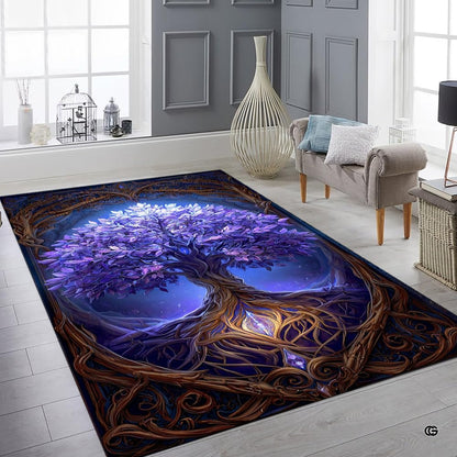 Lifestyle mockup showing the purple Tree of Life rug centered on a contemporary wood floor - thumbnail image 8 of 8